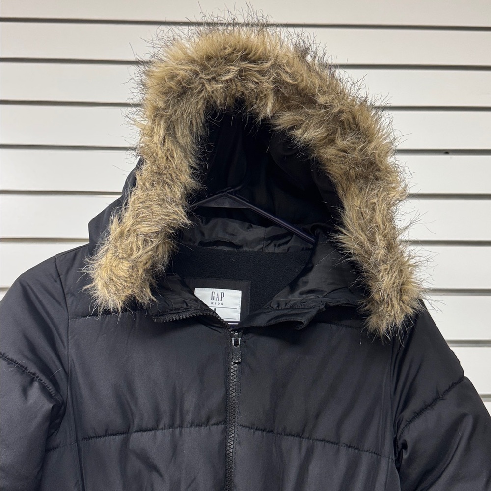 GAP Kids Black Puffer Cold Control Max Coat Faux Fur Trimmed Hood size large - Picture 3 of 7